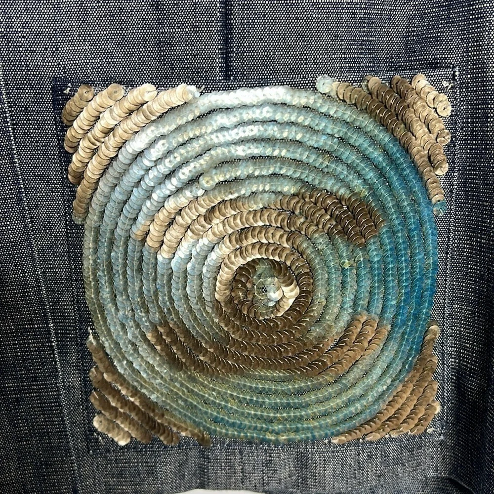 Chanel Sz 42 Denim Cotton Beaded Patch Pocket Elastic Back Logo Button Jacket